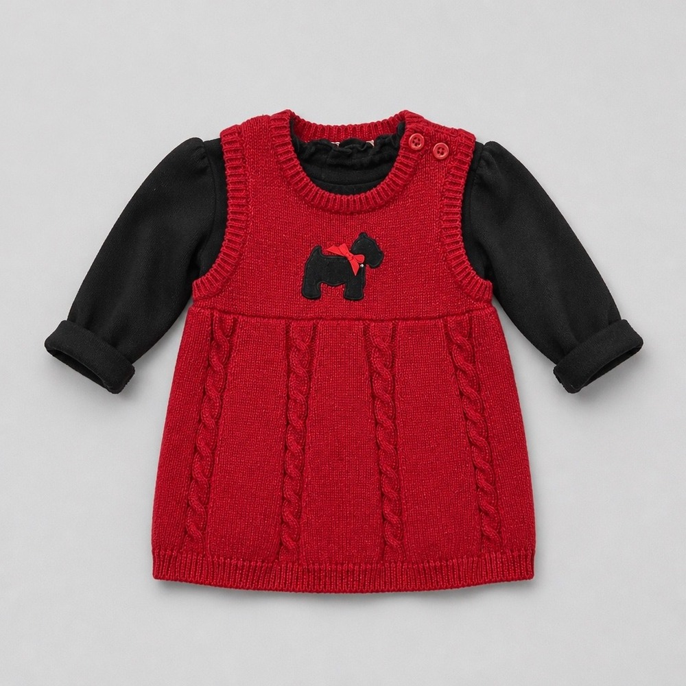 Cherokee Baby Red Cable Knit Scottie Dog Sweater Dress & Black Bodysuit Set NB